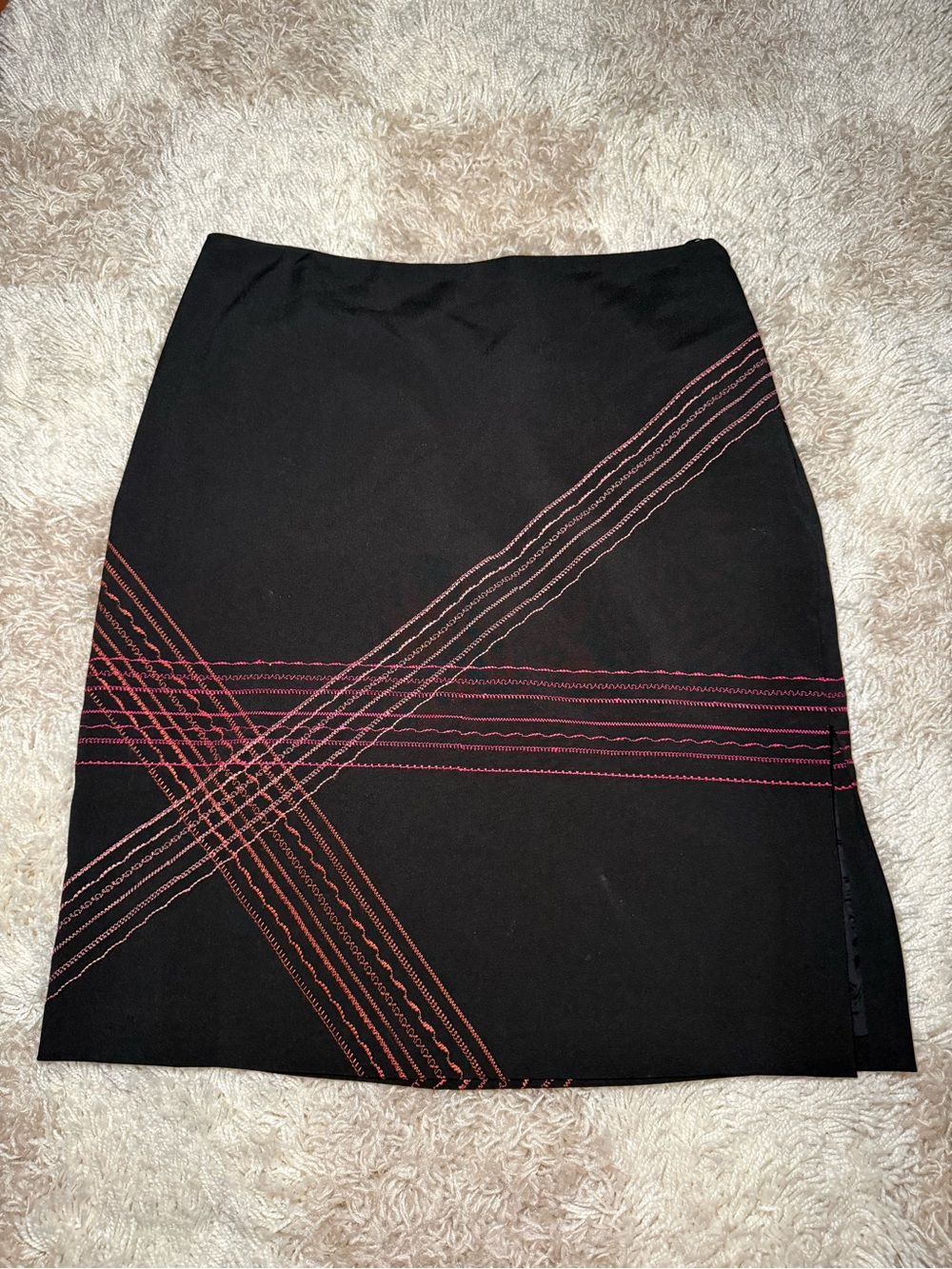 Black Pencil Skirt with Pink Cross-Stitch Detail